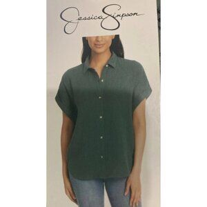 Jessica Simpson Women's Short Sleeve Gauze Top (Green, Small)